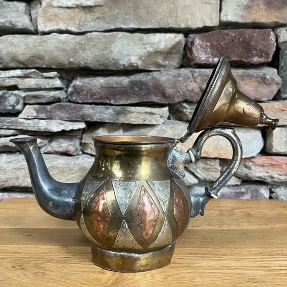 VTG Moroccan Teapot Handcrafted Silver Copper Brass Pieced Boho Decorative - Picture 6 of 8
